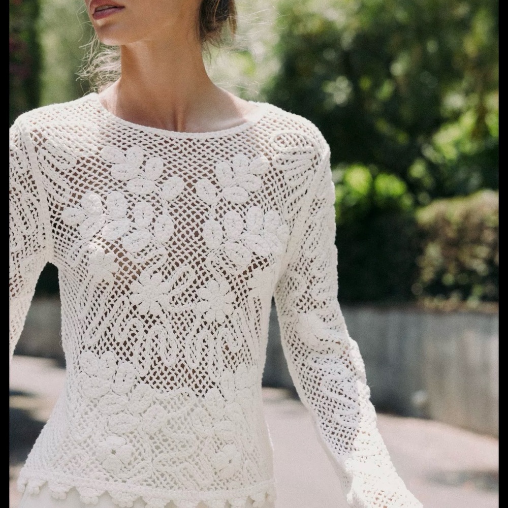 Zara White Floral Crochet Blouse